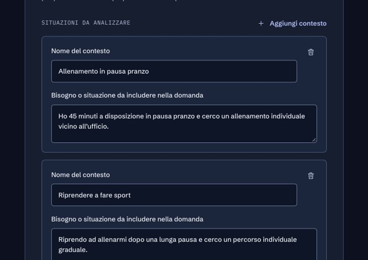 Schermata del configuratore Kooary: contesto allenamento in pausa pranzo.